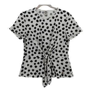 Anne Klein Polka Dot Print Blouse Medium Black White‎ Front Tie Top Short Sleeve